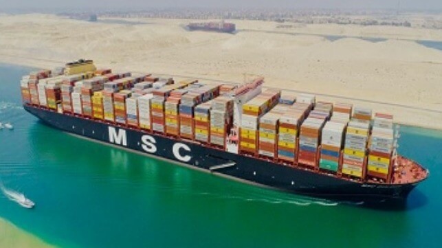 container ship, probably full of gym equipment